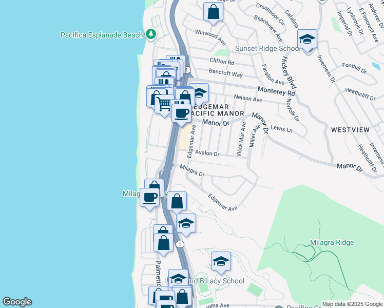 map of restaurants, bars, coffee shops, grocery stores, and more near 603 Edgemar Avenue in Pacifica