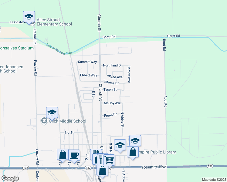 map of restaurants, bars, coffee shops, grocery stores, and more near 5112 Tyson Street in Modesto