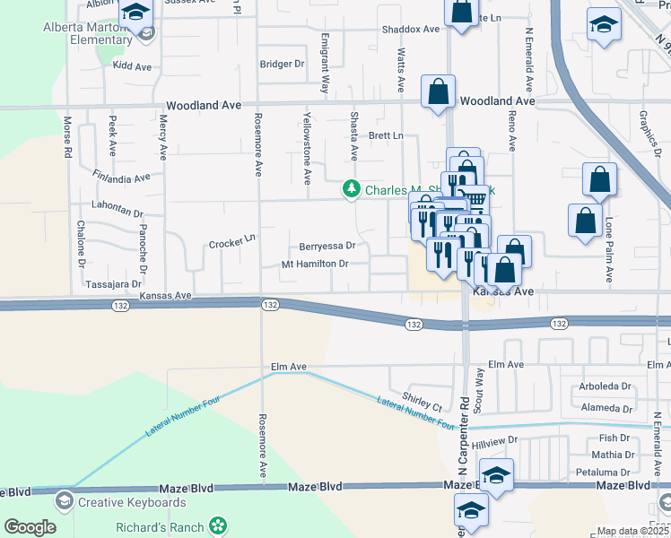 map of restaurants, bars, coffee shops, grocery stores, and more near 1832 Mount Hamilton Drive in Modesto