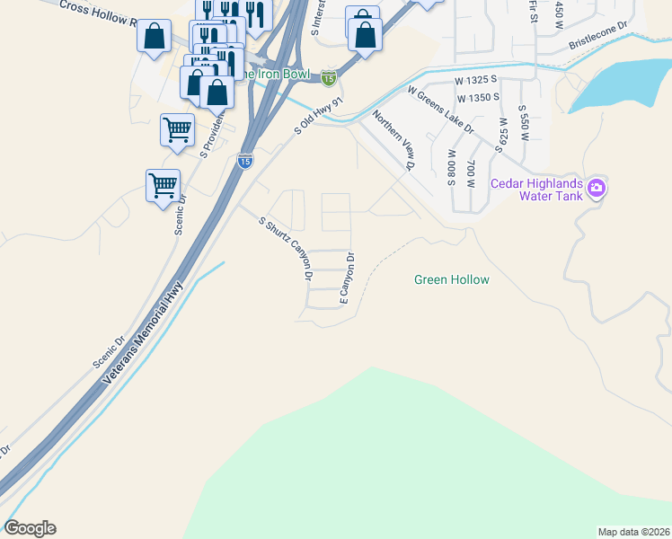 map of restaurants, bars, coffee shops, grocery stores, and more near West 1700 South in Cedar City
