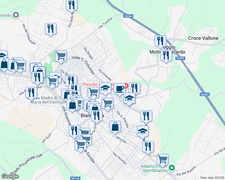 map of restaurants, bars, coffee shops, grocery stores, and more near 273 Viale C. Colombo in Biancavilla