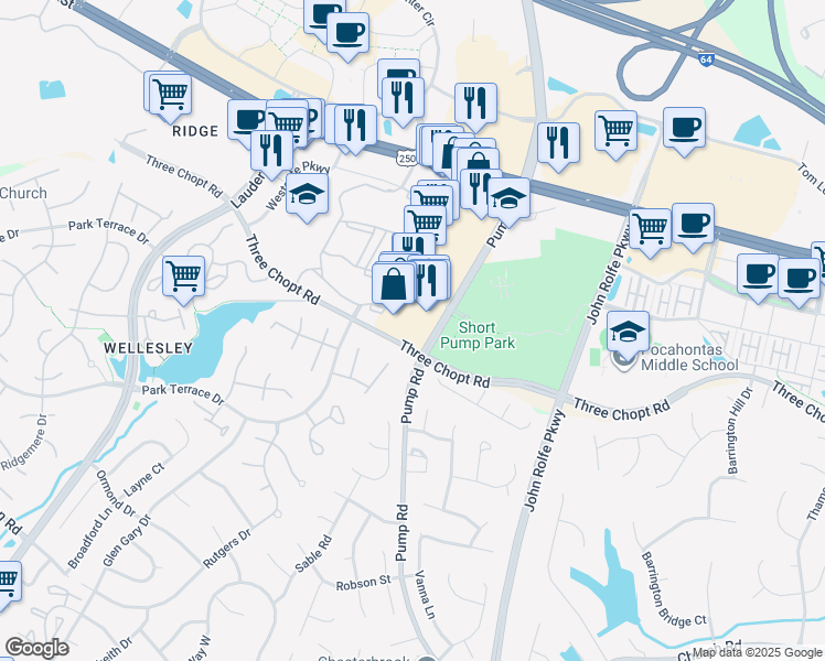 map of restaurants, bars, coffee shops, grocery stores, and more near 3410 Pump Road in Henrico