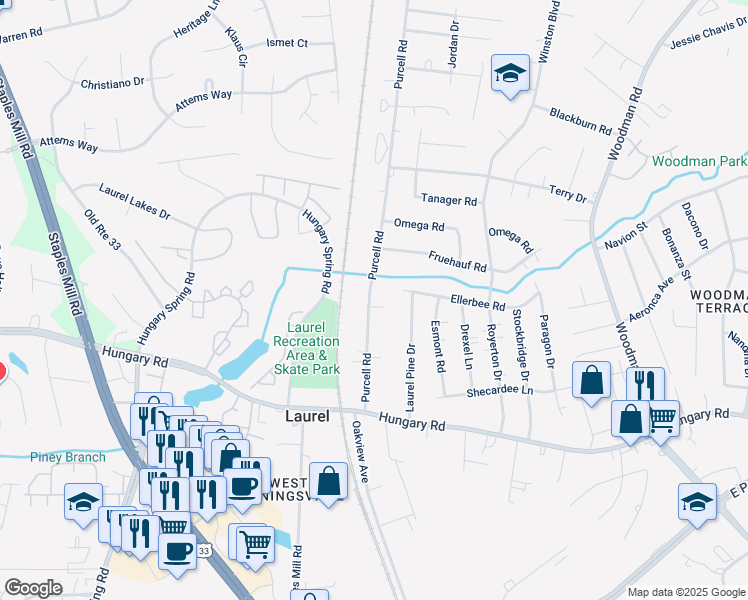 map of restaurants, bars, coffee shops, grocery stores, and more near 2816 Laurelton Court in Richmond