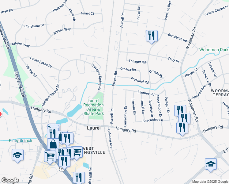 map of restaurants, bars, coffee shops, grocery stores, and more near 2816 Laurelton Court in Richmond