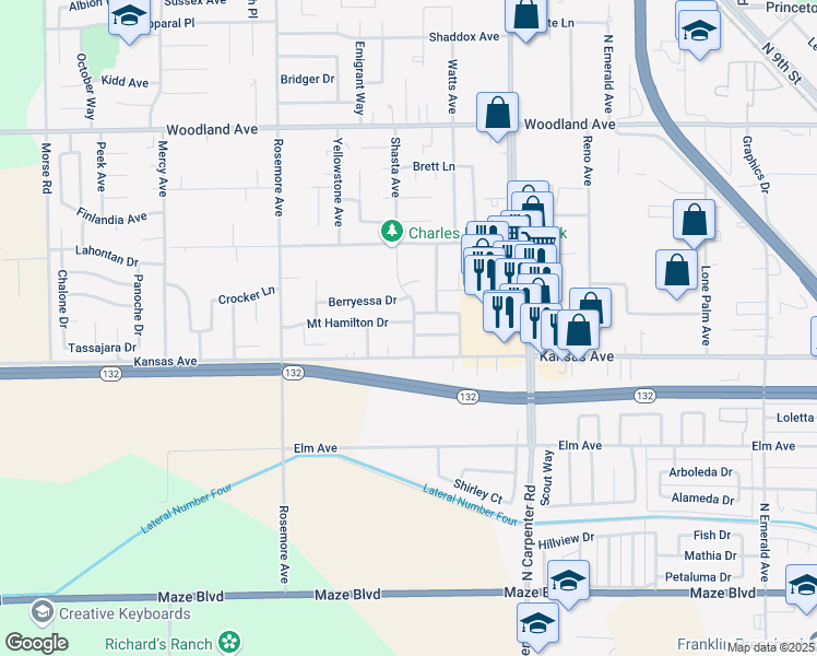 map of restaurants, bars, coffee shops, grocery stores, and more near 1800 Mount Hamilton Drive in Modesto