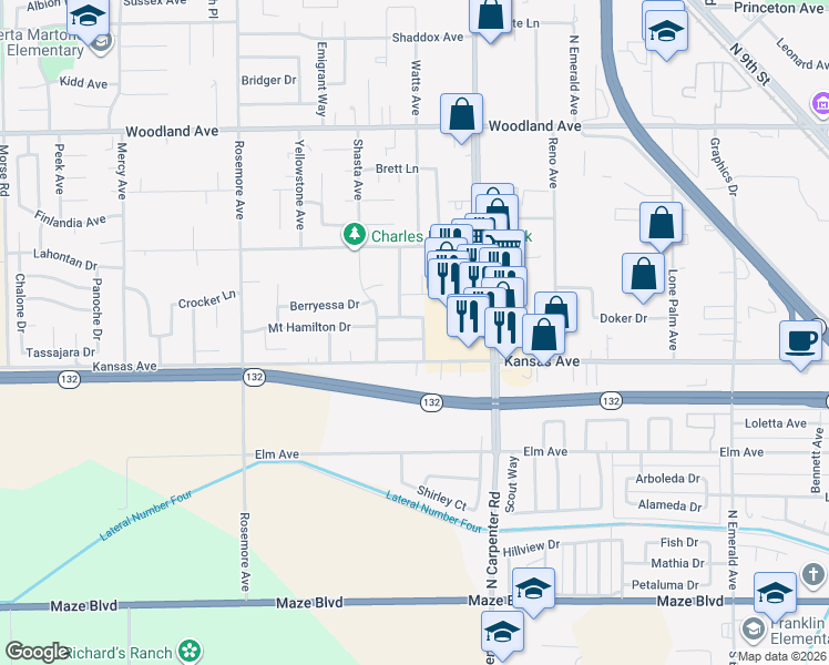 map of restaurants, bars, coffee shops, grocery stores, and more near 1705 Grassland Way in Modesto