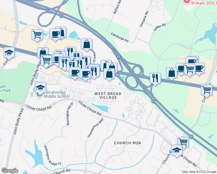 map of restaurants, bars, coffee shops, grocery stores, and more near 1907 Old Brick Road in Glen Allen
