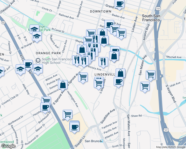 map of restaurants, bars, coffee shops, grocery stores, and more near 219 Ryan Way in South San Francisco