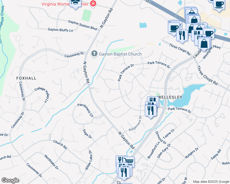 map of restaurants, bars, coffee shops, grocery stores, and more near 13405 Whispering Wood Drive in Richmond