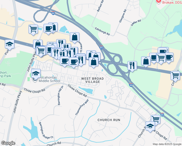 map of restaurants, bars, coffee shops, grocery stores, and more near 1915 Old Brick Road in Glen Allen