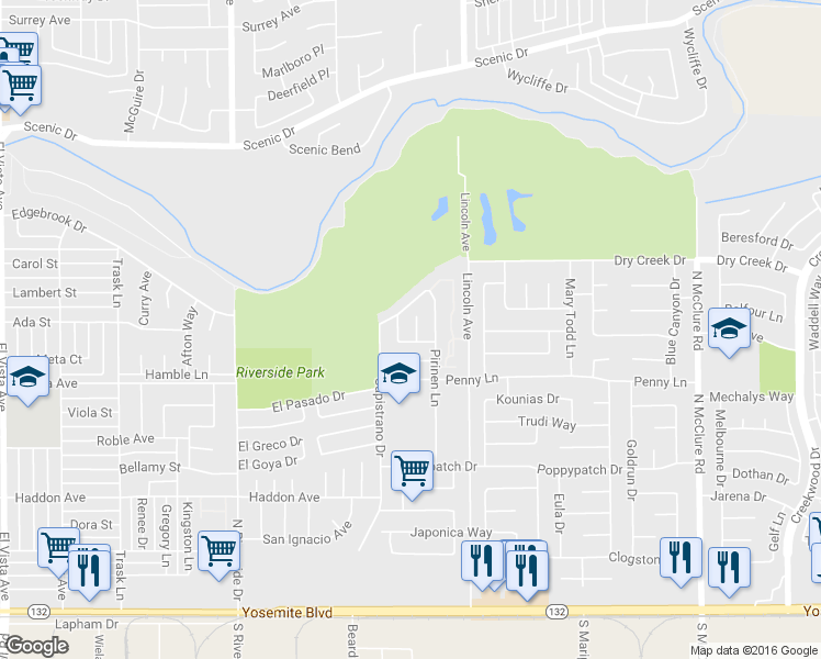 map of restaurants, bars, coffee shops, grocery stores, and more near 545 Navarre Place in Modesto