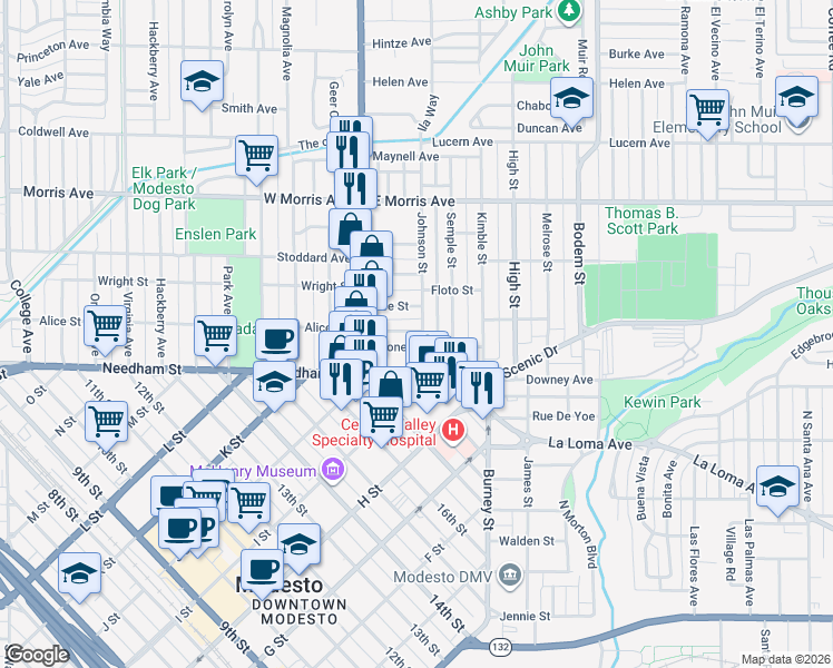 map of restaurants, bars, coffee shops, grocery stores, and more near 215 Johnson Street in Modesto