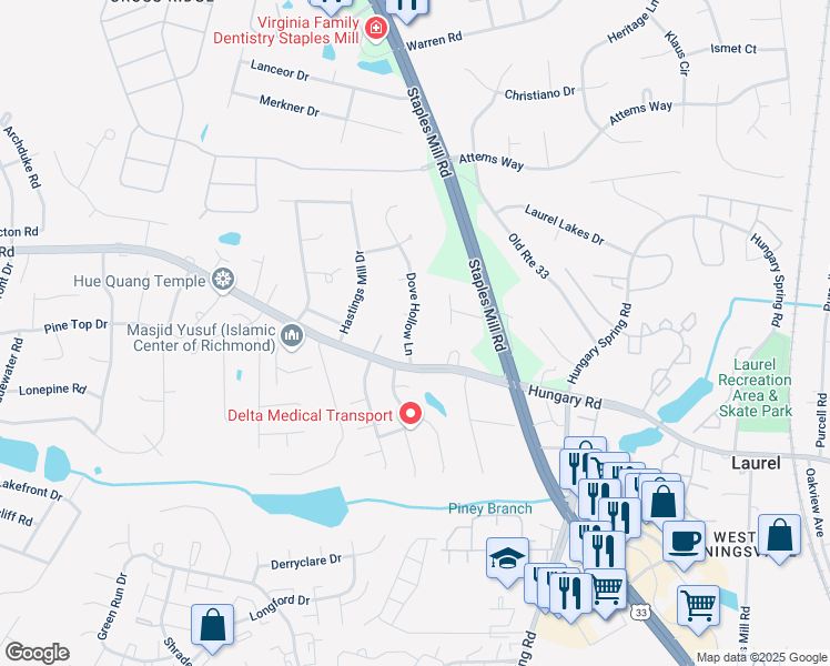 map of restaurants, bars, coffee shops, grocery stores, and more near 9613 Dove Hollow Lane in Glen Allen