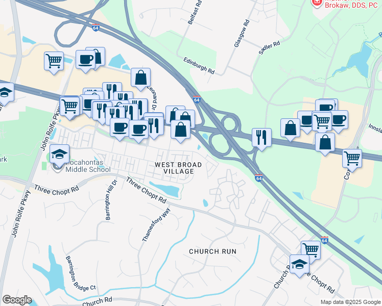 map of restaurants, bars, coffee shops, grocery stores, and more near 1801 Old Brick Road in Glen Allen