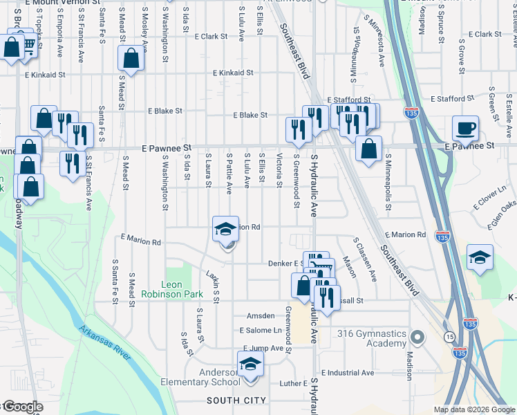 map of restaurants, bars, coffee shops, grocery stores, and more near 2528 Ellis South in Wichita