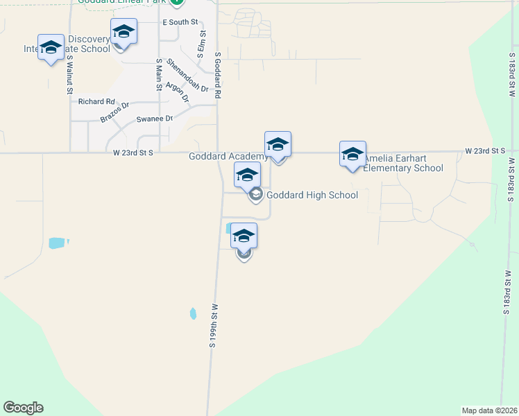map of restaurants, bars, coffee shops, grocery stores, and more near 2700 S 199th Street West in Goddard