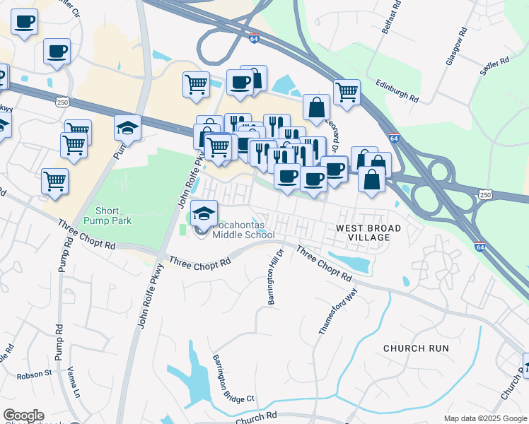 map of restaurants, bars, coffee shops, grocery stores, and more near 2415 Liesfeld Parkway in Glen Allen