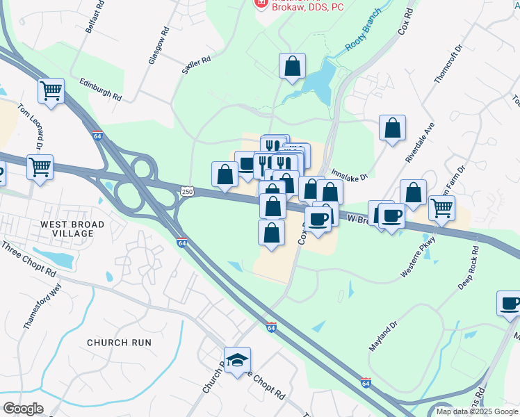 map of restaurants, bars, coffee shops, grocery stores, and more near 11001 West Broad Street in Henrico