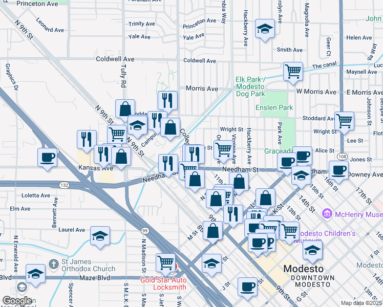 map of restaurants, bars, coffee shops, grocery stores, and more near 126 College Avenue in Modesto