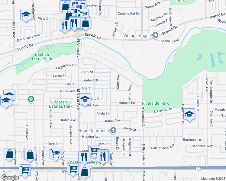 map of restaurants, bars, coffee shops, grocery stores, and more near 2400 Ada Street in Modesto