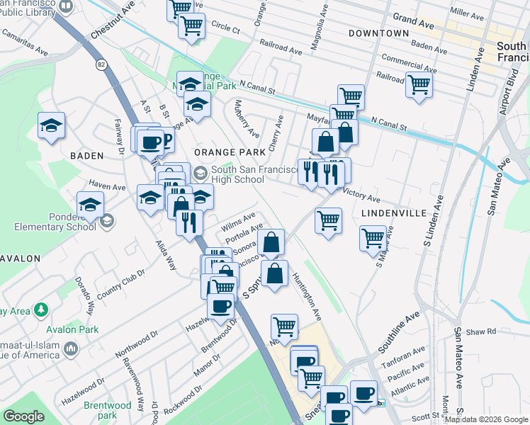 map of restaurants, bars, coffee shops, grocery stores, and more near 105 Francisco Drive in South San Francisco