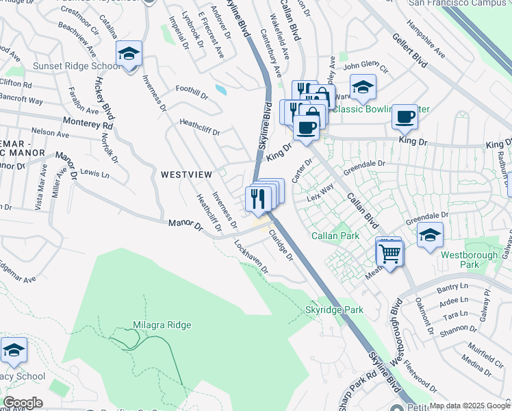 map of restaurants, bars, coffee shops, grocery stores, and more near 2400 Skyline Drive in Pacifica