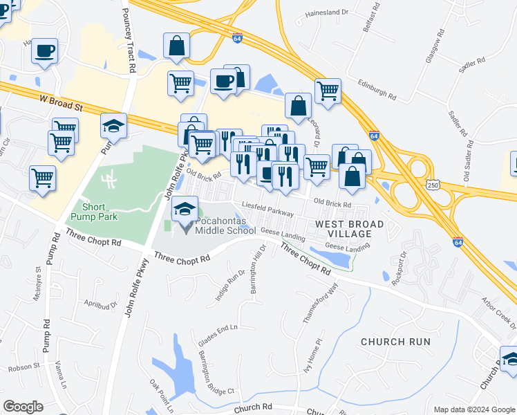 map of restaurants, bars, coffee shops, grocery stores, and more near 2230 Liesfeld Parkway in Glen Allen