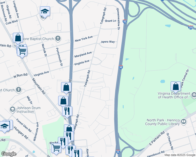map of restaurants, bars, coffee shops, grocery stores, and more near 9011 Telegraph Road in Glen Allen