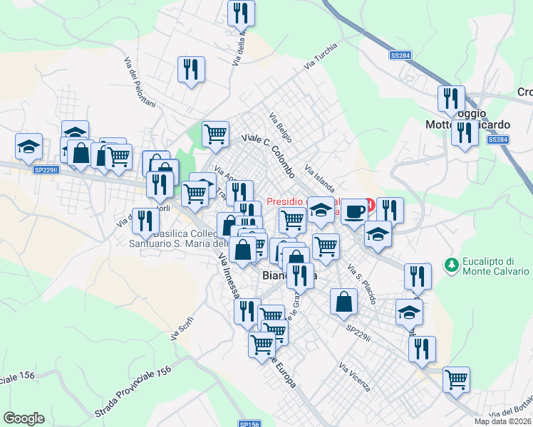map of restaurants, bars, coffee shops, grocery stores, and more near 95 Via Albania in Biancavilla