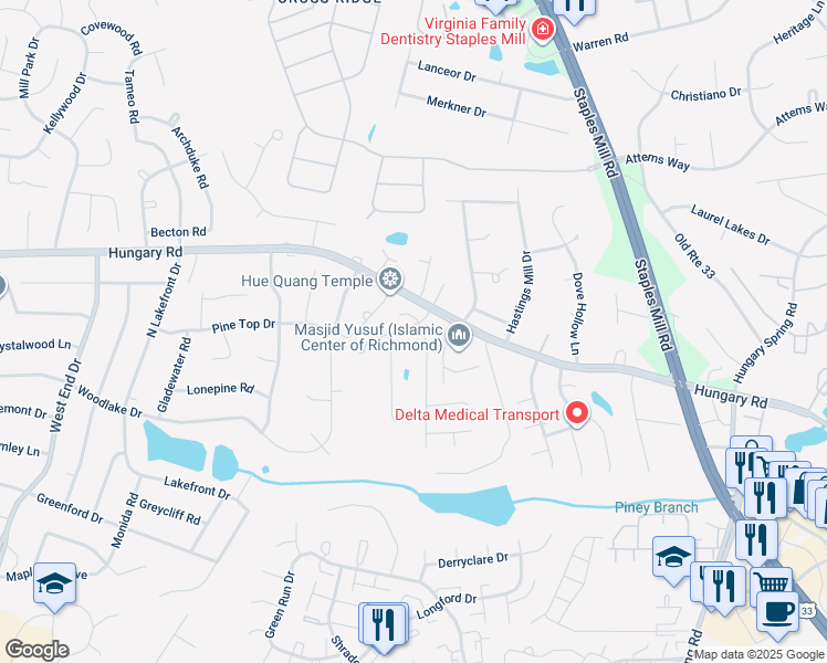 map of restaurants, bars, coffee shops, grocery stores, and more near 9560 Hungary Woods Drive in Glen Allen