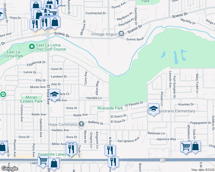 map of restaurants, bars, coffee shops, grocery stores, and more near 529 North Riverside Drive in Modesto
