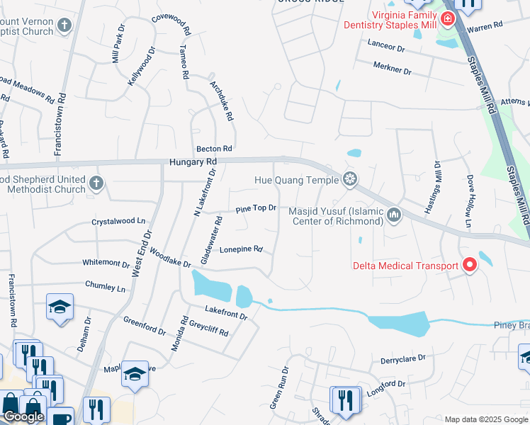 map of restaurants, bars, coffee shops, grocery stores, and more near 8705 Pine Top Drive in Richmond