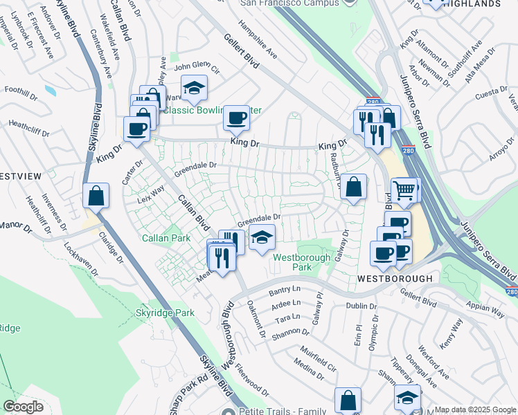 map of restaurants, bars, coffee shops, grocery stores, and more near 3736 Brunswick Court in South San Francisco
