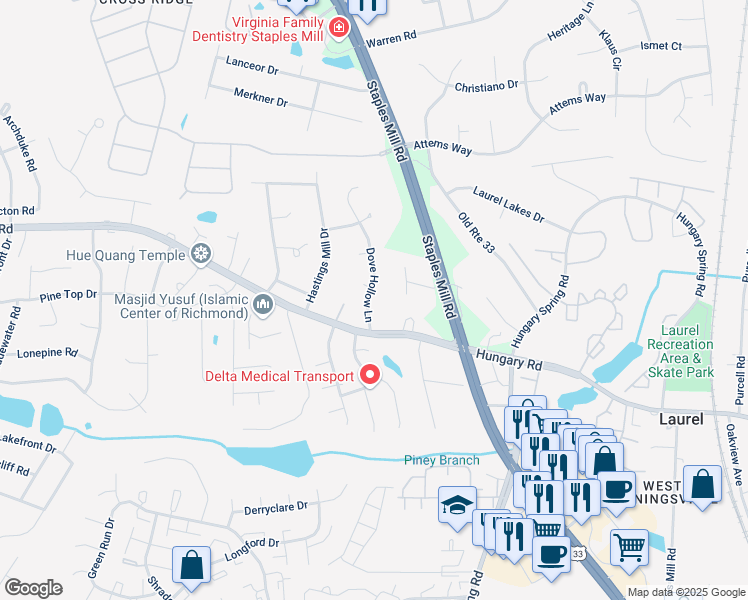 map of restaurants, bars, coffee shops, grocery stores, and more near 9613 Dove Hollow Lane in Glen Allen