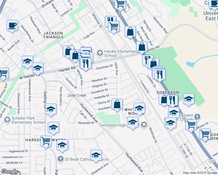 map of restaurants, bars, coffee shops, grocery stores, and more near 264 Goodrich Street in Hayward