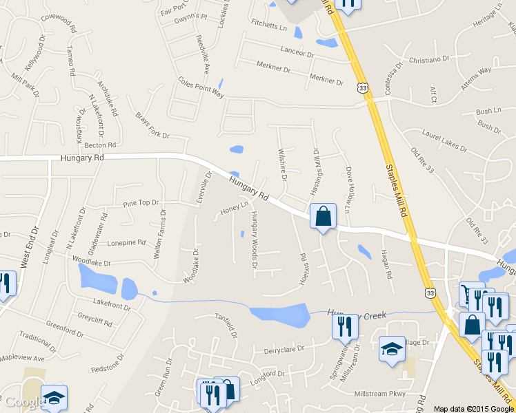 map of restaurants, bars, coffee shops, grocery stores, and more near 9561 Hungary Woods Drive in Glen Allen