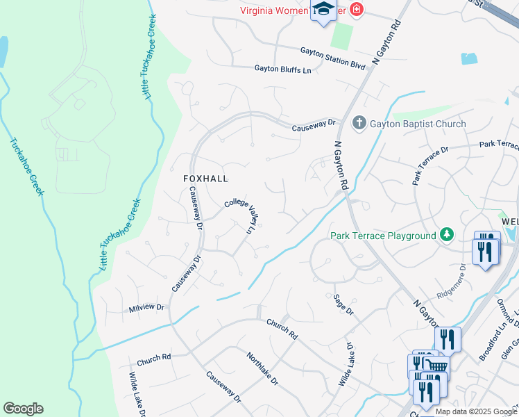map of restaurants, bars, coffee shops, grocery stores, and more near 13329 College Valley Lane in Henrico