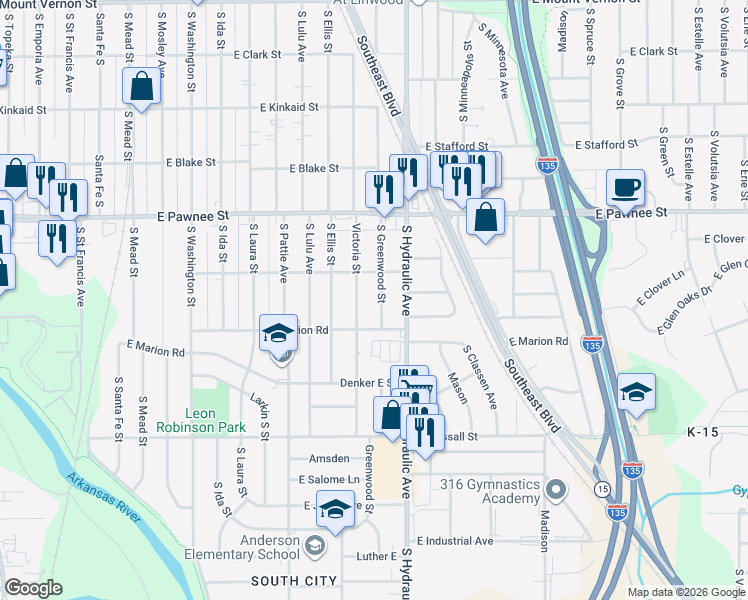 map of restaurants, bars, coffee shops, grocery stores, and more near 2531 South Greenwood Street in Wichita