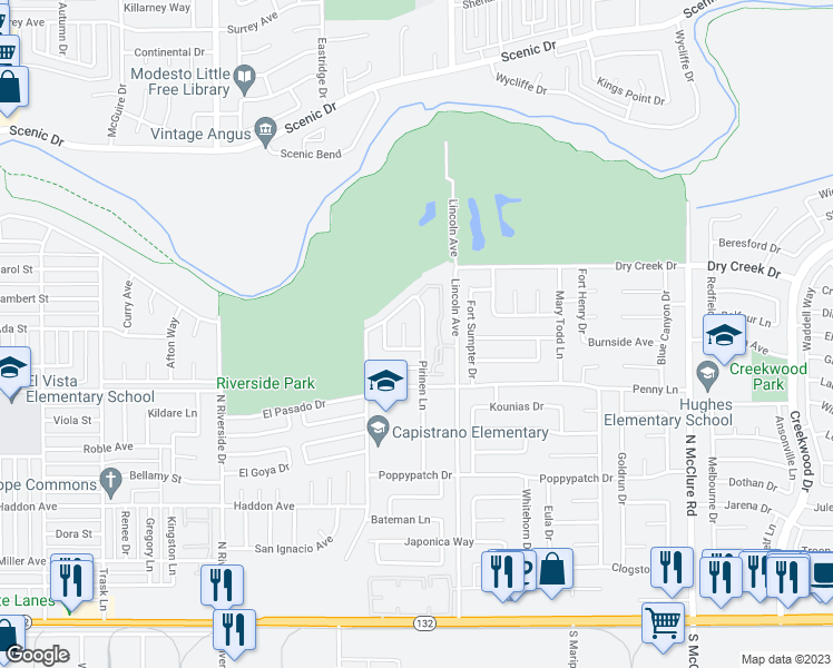 map of restaurants, bars, coffee shops, grocery stores, and more near 541 Pirinen Lane in Modesto