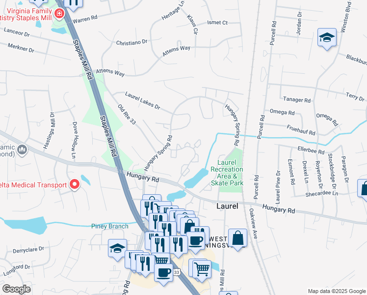 map of restaurants, bars, coffee shops, grocery stores, and more near 9389 Horse Castle Court in Glen Allen