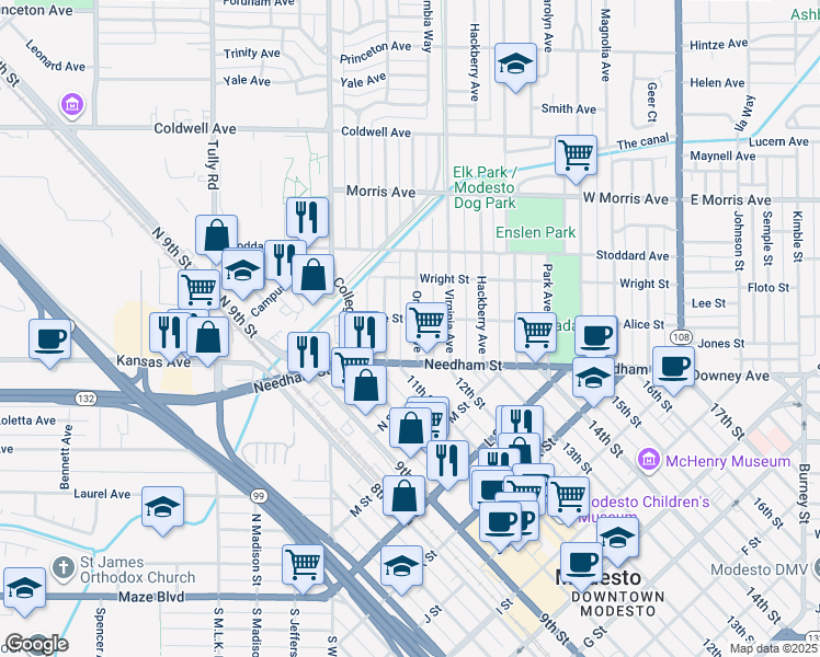 map of restaurants, bars, coffee shops, grocery stores, and more near 129 Orange Avenue in Modesto