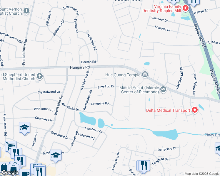 map of restaurants, bars, coffee shops, grocery stores, and more near 8705 Pine Top Drive in Richmond