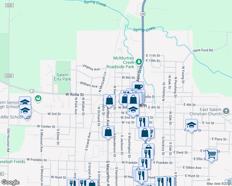 map of restaurants, bars, coffee shops, grocery stores, and more near 304 West Rolla Street in Salem