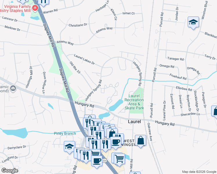 map of restaurants, bars, coffee shops, grocery stores, and more near 9389 Horse Castle Court in Glen Allen