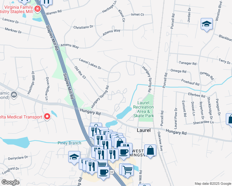 map of restaurants, bars, coffee shops, grocery stores, and more near 9395 London Tower Court in Glen Allen