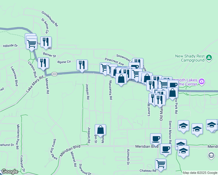 map of restaurants, bars, coffee shops, grocery stores, and more near 82 Manzanita Road in Bishop