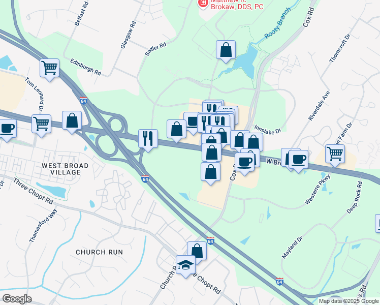 map of restaurants, bars, coffee shops, grocery stores, and more near 11011 West Broad Street in Glen Allen