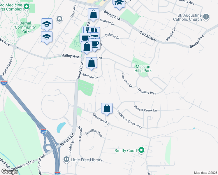 map of restaurants, bars, coffee shops, grocery stores, and more near 5731 San Juan Way in Pleasanton