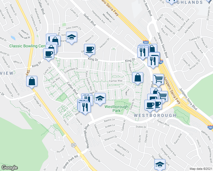 map of restaurants, bars, coffee shops, grocery stores, and more near 3730 Bettman Way in South San Francisco