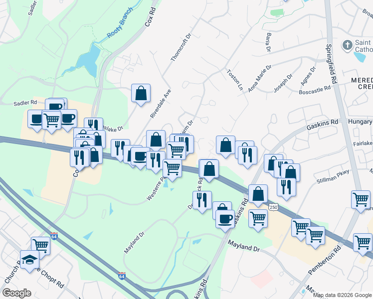 map of restaurants, bars, coffee shops, grocery stores, and more near 10142 W Broad St in Glen Allen